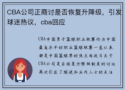 CBA公司正商讨是否恢复升降级，引发球迷热议，cba回应