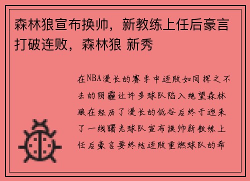 森林狼宣布换帅，新教练上任后豪言打破连败，森林狼 新秀