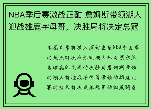 NBA季后赛激战正酣 詹姆斯带领湖人迎战雄鹿字母哥，决胜局将决定总冠军归属